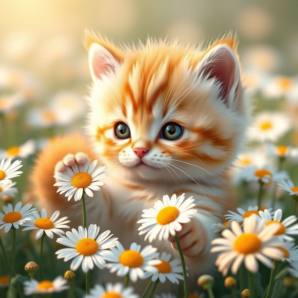 Striped Kitten Holds Daisy in Anime Art Style