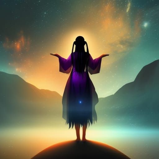 Mystical Asian Witch Silhouette in Detailed Matte Painting