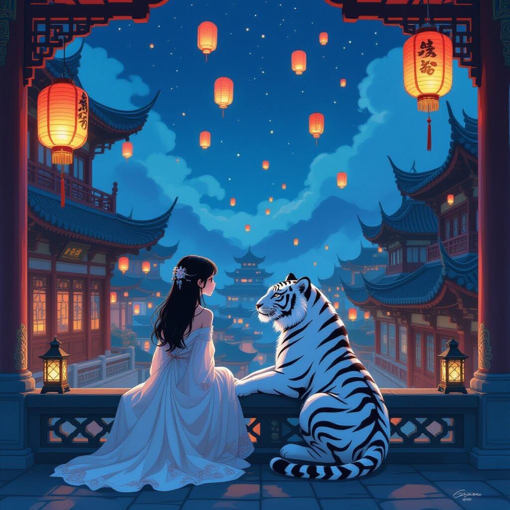 Ancient Palace Courtyard with Lanterns and White Tiger