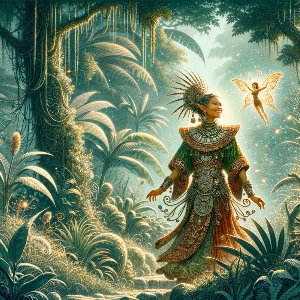 Elegant Elf Strolls Joyfully Through Jungle Path