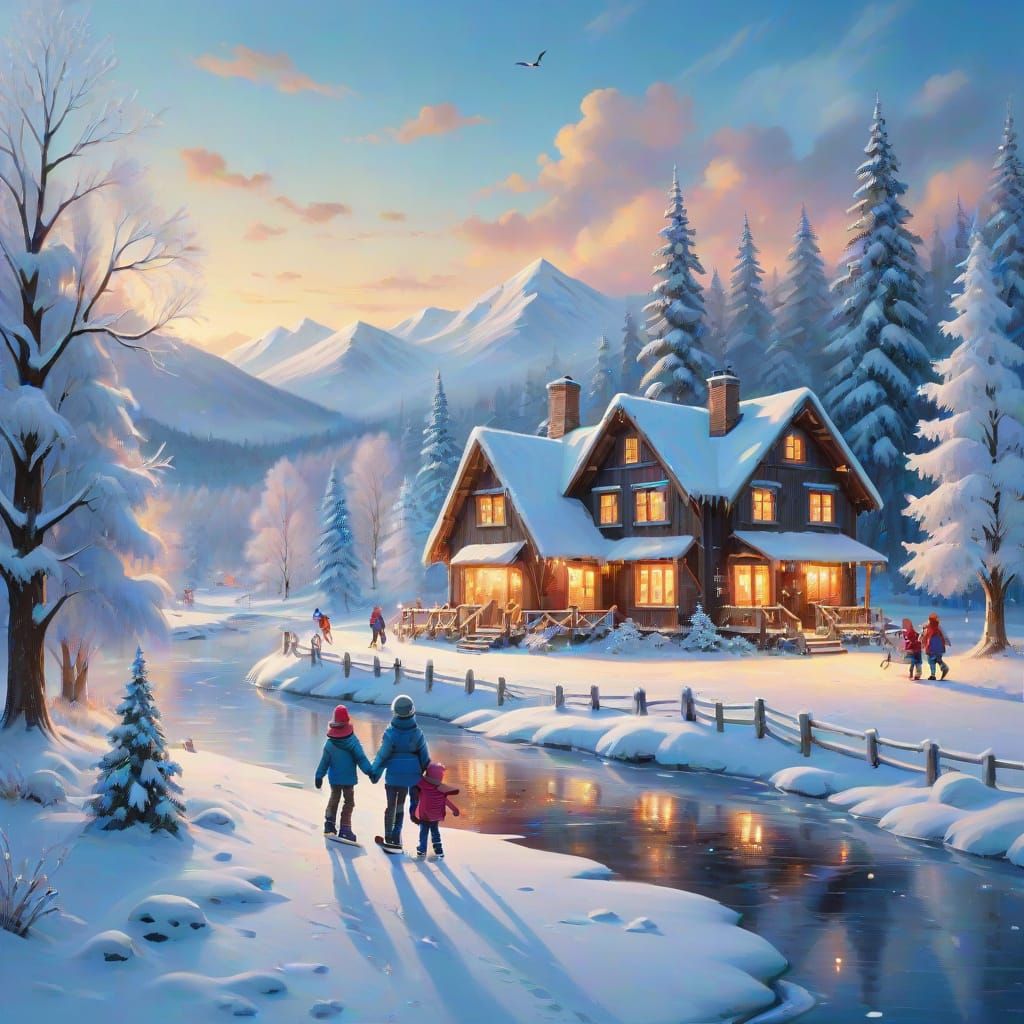 Idyllic Winter Scene with Family Ice-Skating in Oil Painting...