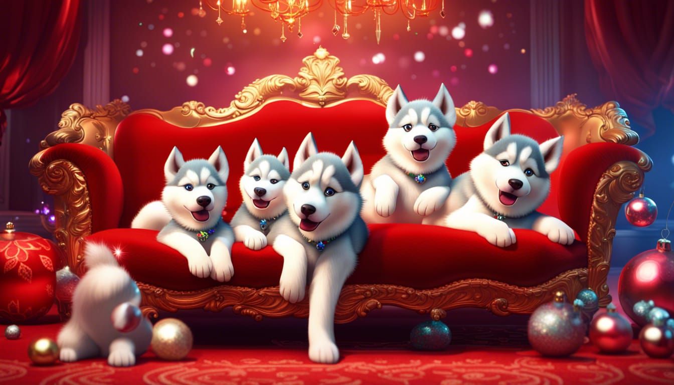 fluffy siberian huskies puppies red with diadem jewels christmas snowflakes on baroque sofa Pixar, Disney, concept art, ...