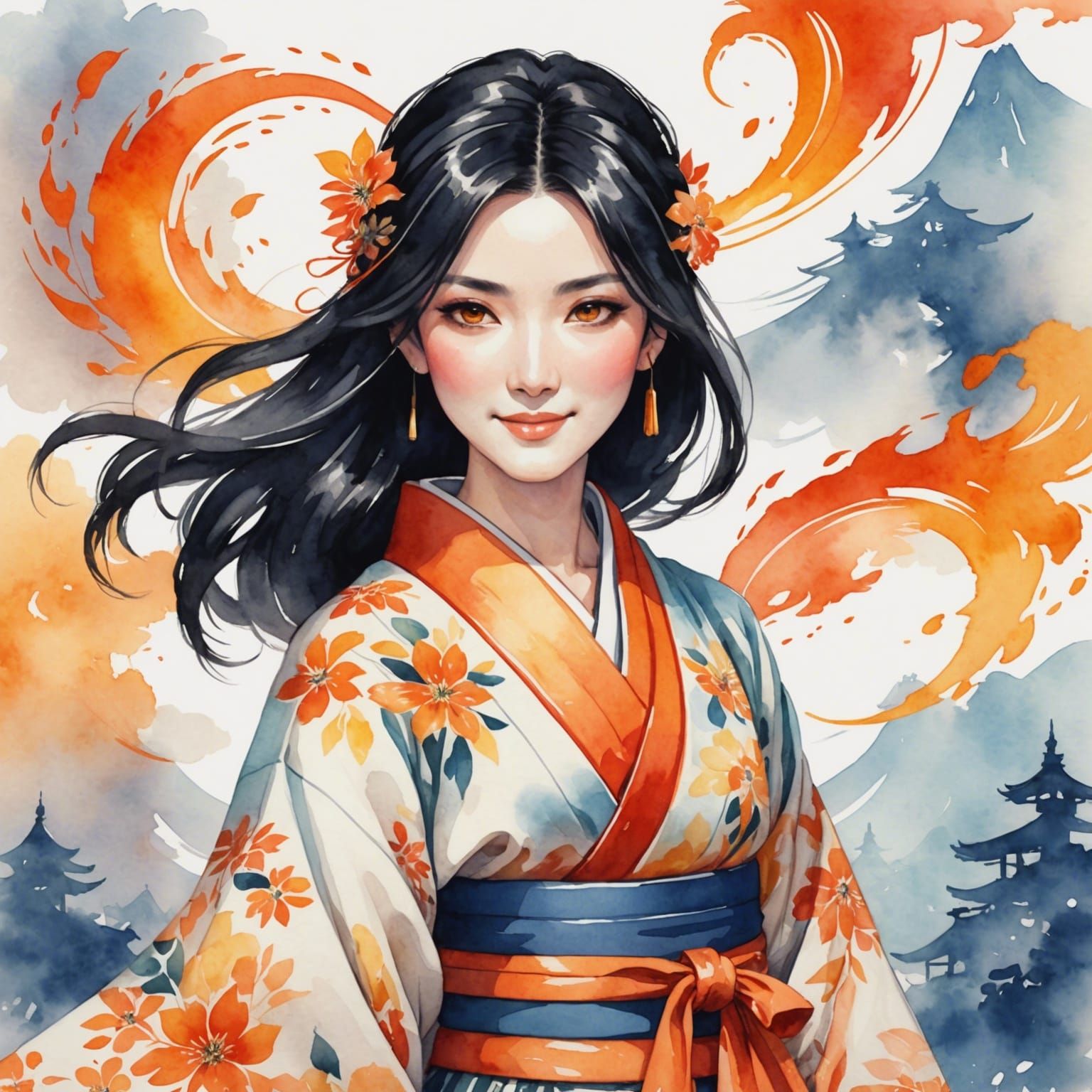 Smiling Woman with Fire Powers in Watercolor Style