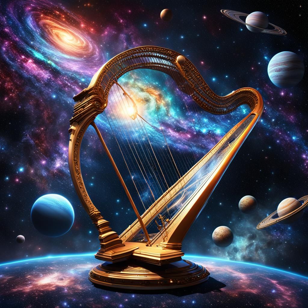 Galactic Harp Floating in Starry Sci-Fi Dreamscape