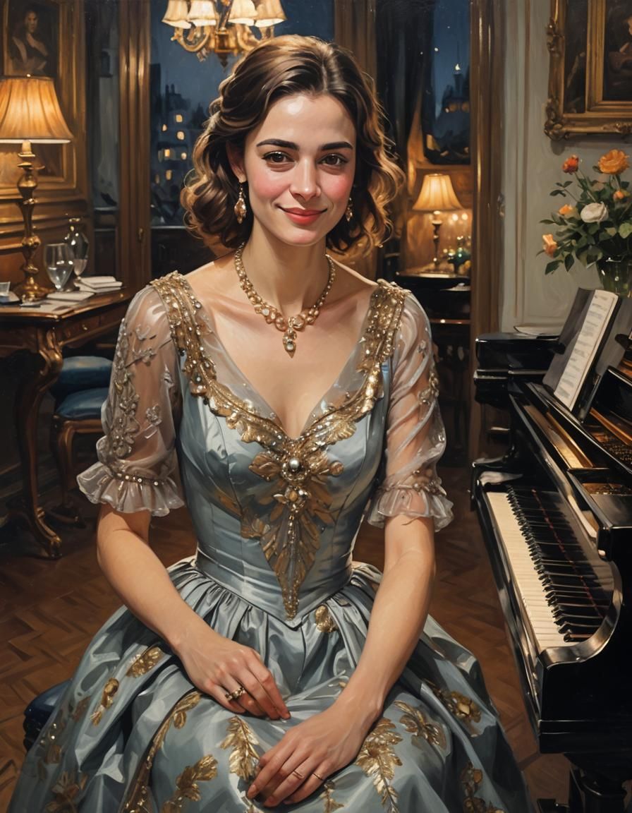 A gorgeous Young French woman in a beautiful dress, a beautiful necklace, playing a baby grand piano, shy smile, in her ...