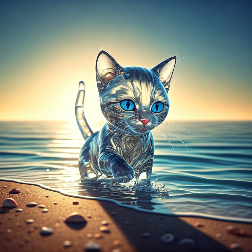 Glass Kitten Playing at the Beach in 3D Style