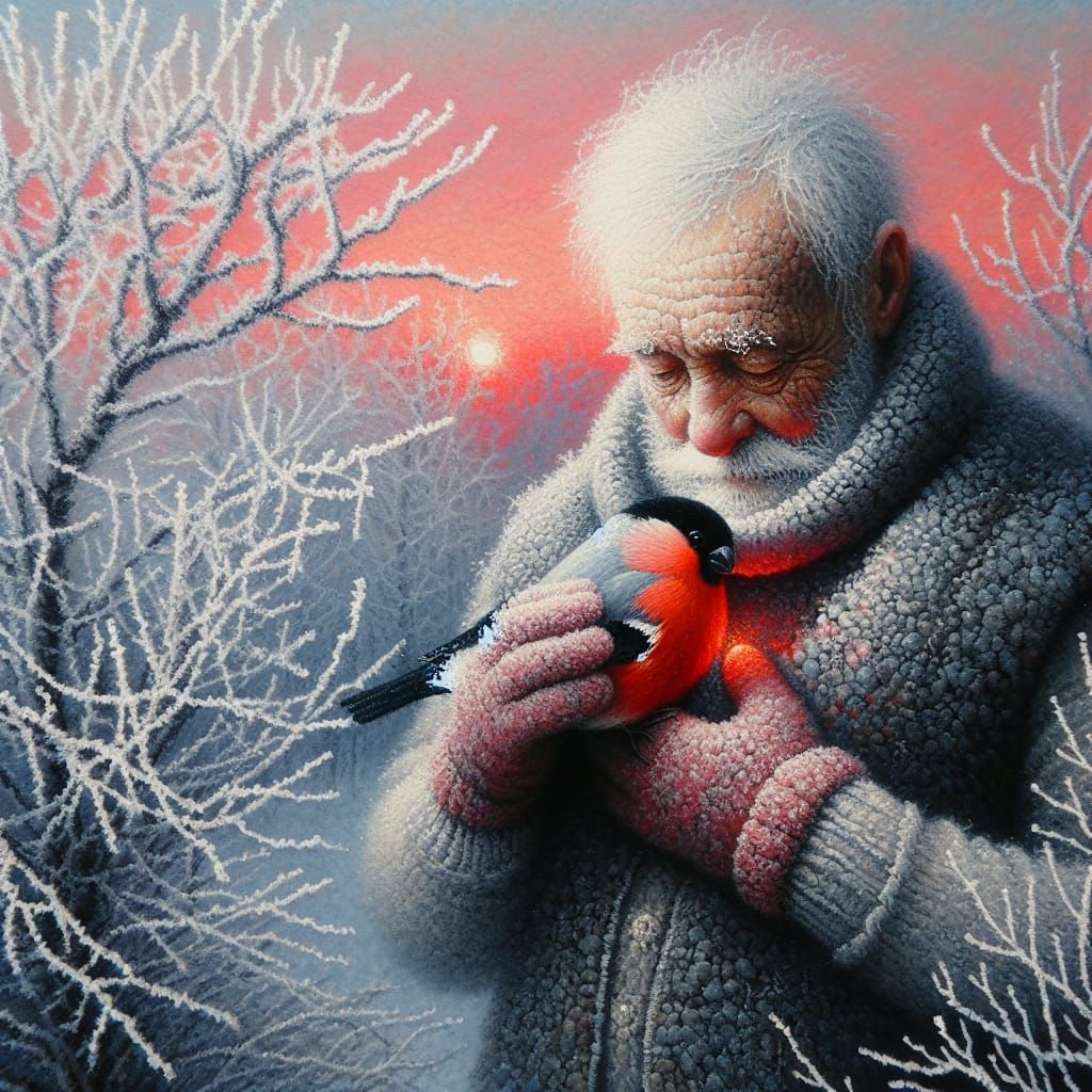 Elderly Man Holds Bird in Winter Scene as Impressionistic Oi...