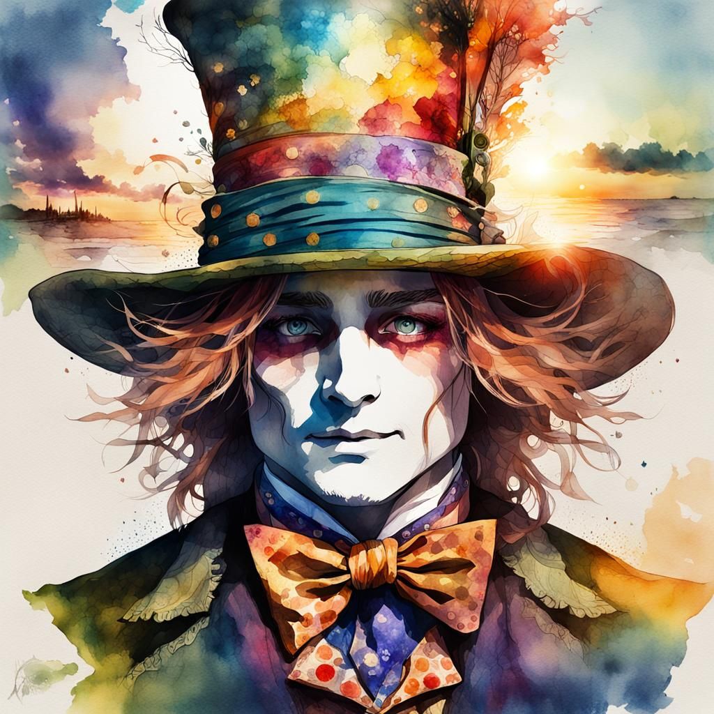 Mad Hatter Summerscape in Watercolor Fairytale Style