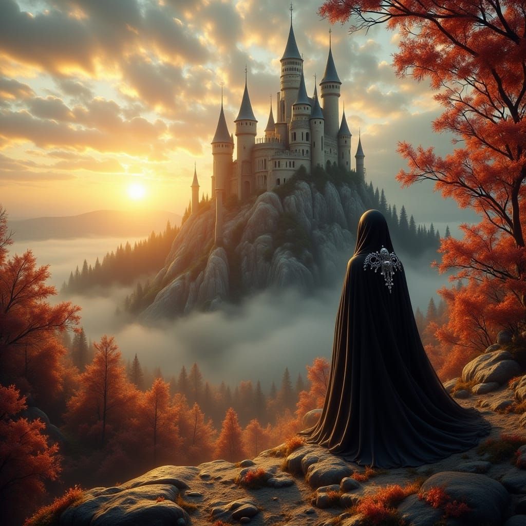 Mystical Fairytale Castle Under Autumn Sunset