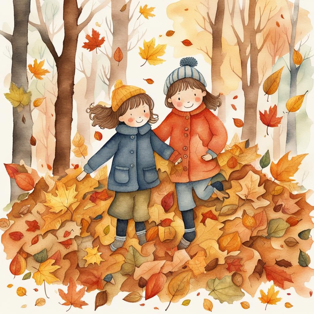 Children Playing in Autumn Leaves, Watercolor Illustration