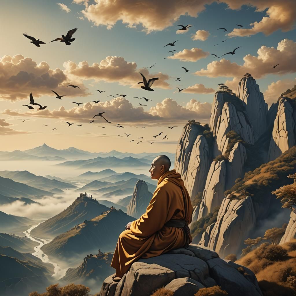 Monk Meditating in Surreal Landscape, Dreamlike Art
