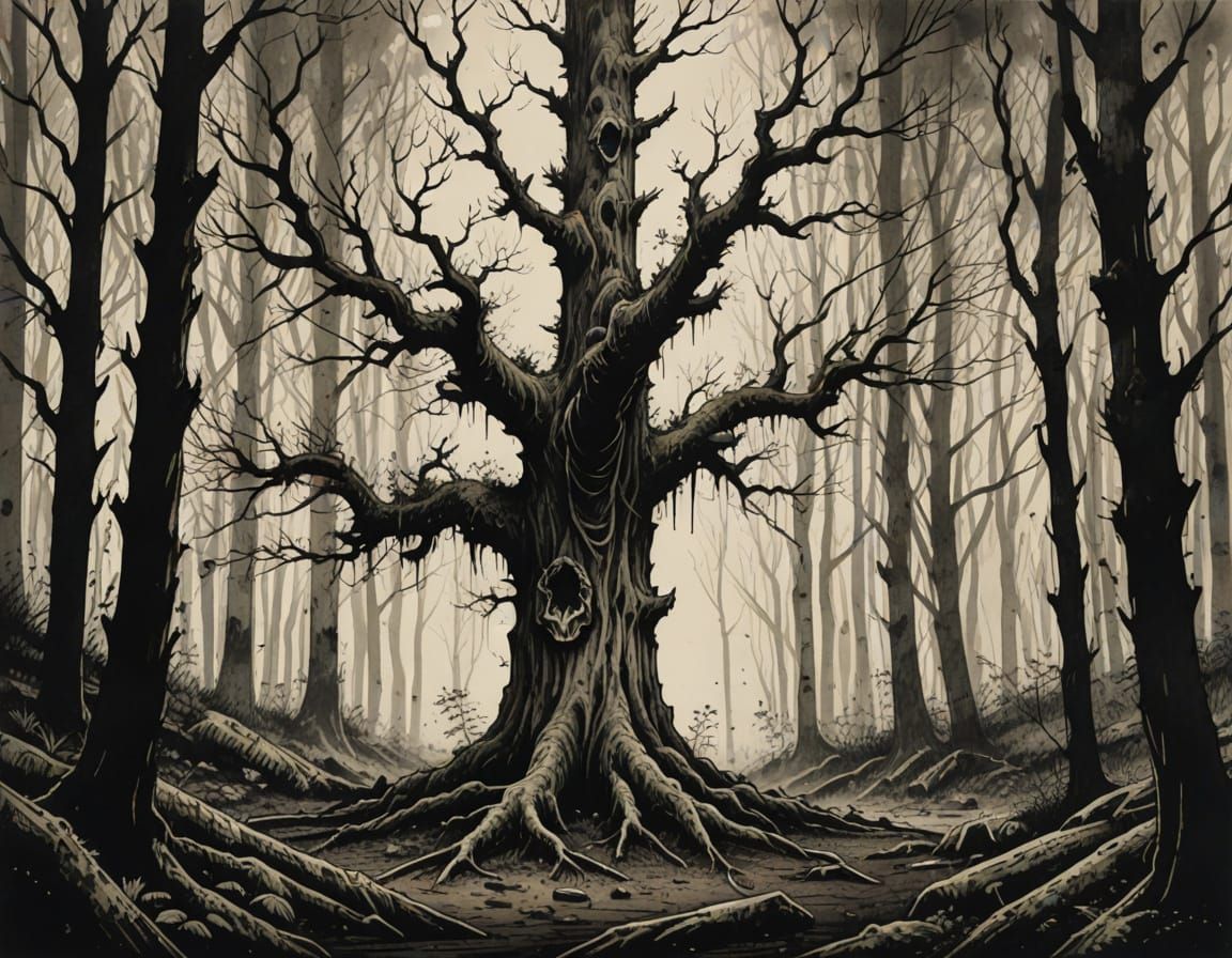 Expressive Forest Scene in Dark Ink Drawing
