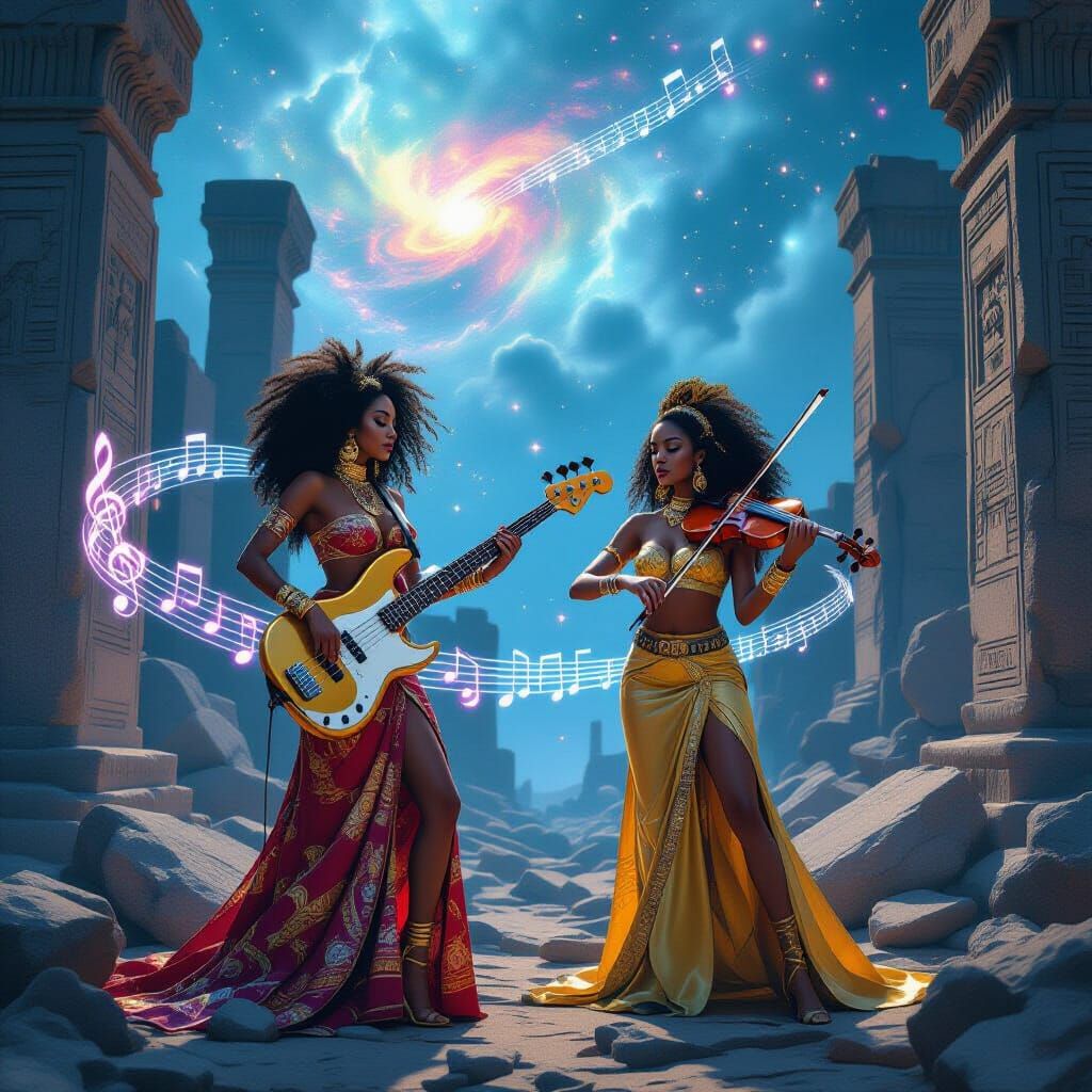Afro-Latina Women Play Golden Instruments in Cosmic Ruins