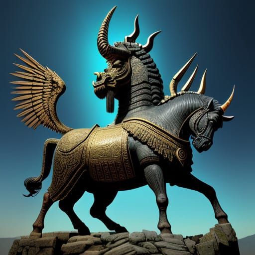 Majestic Winged Bull with Feathered Wings