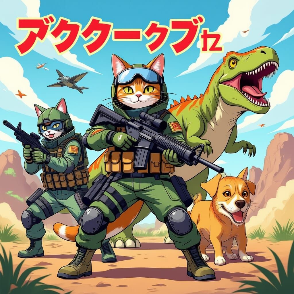 Tactical Cats Battle Dinosaurs in Anime Style
