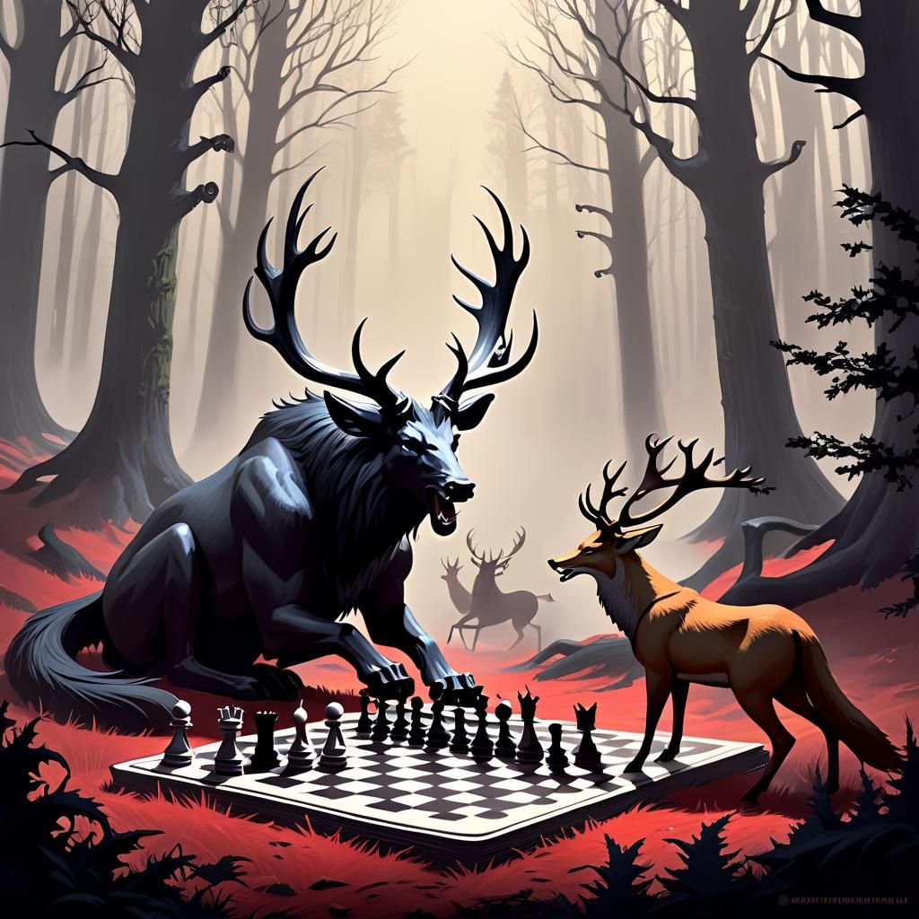 Crimson Wendigo Plays Chess in Enchanted Forest
