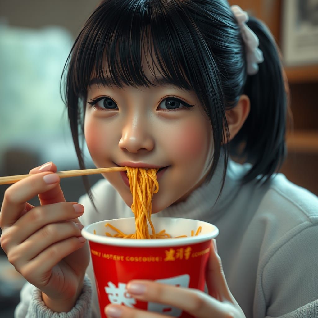 Japanese Girl Eating Spicy Noodles: Digital Matte Painting