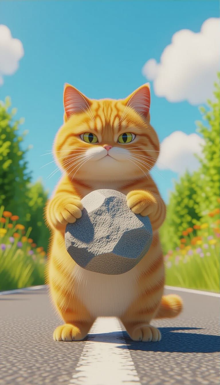 Adorable Orange Tabby Cat Holds Rock in Sunny Countryside