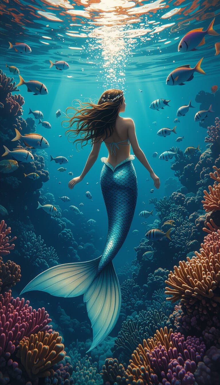 Underwater Mermaid Scene with Coral Reef