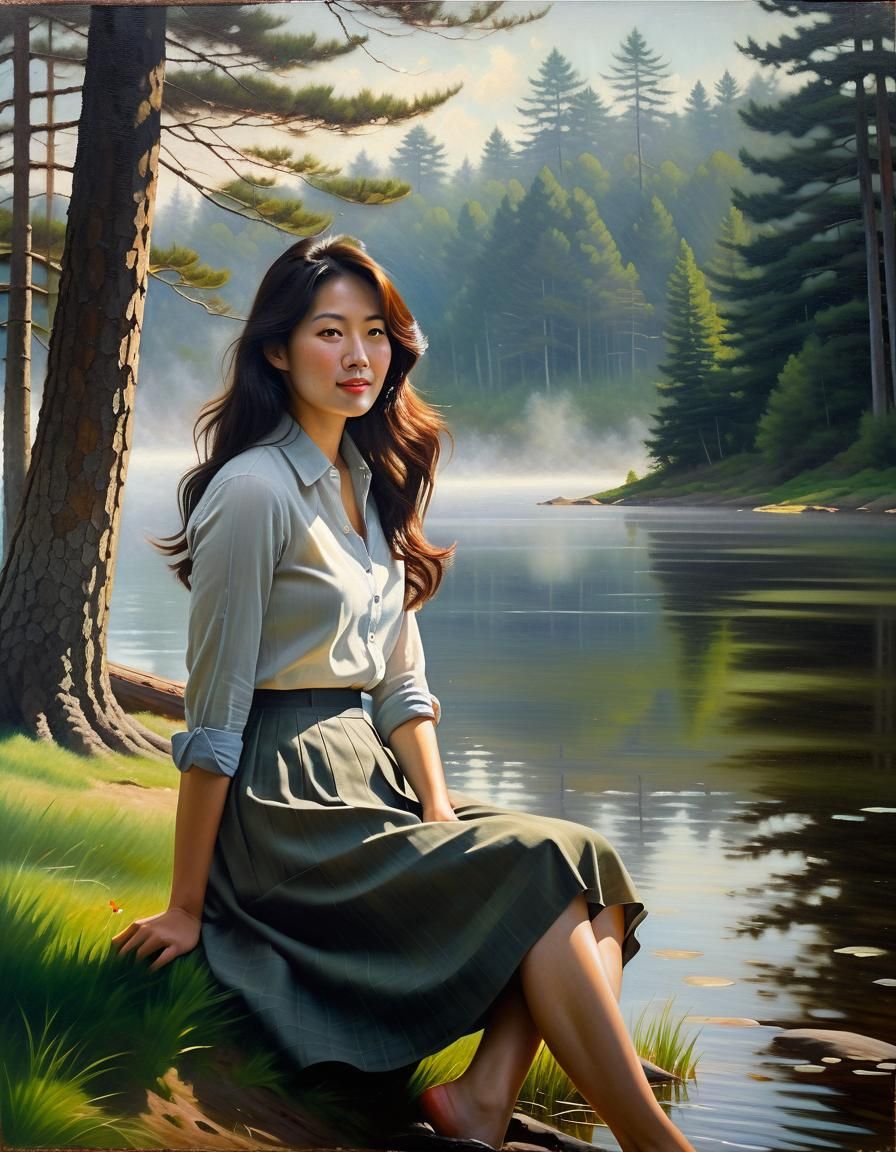 Woman by Lake in Chiaroscuro Oil Painting