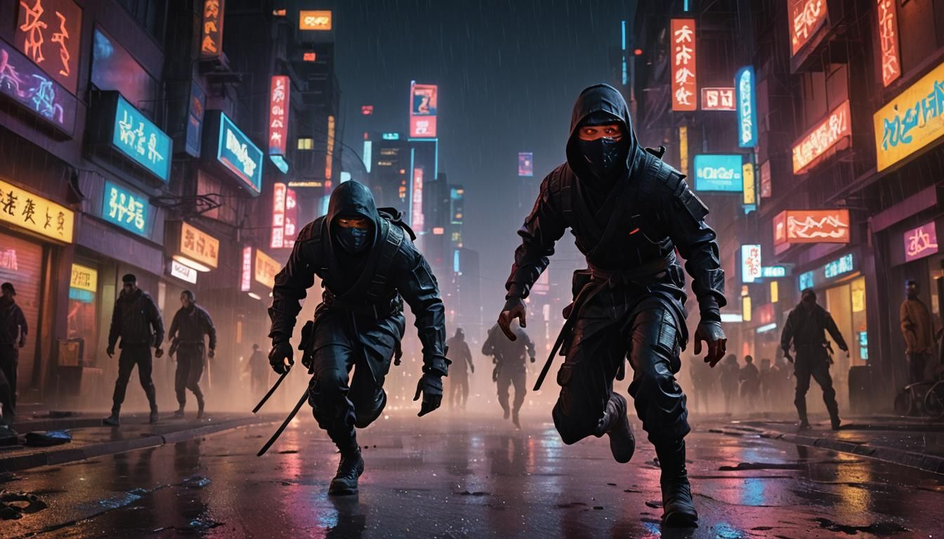Ninja's Neon Escape: Cinematic Sci-Fi Film Still