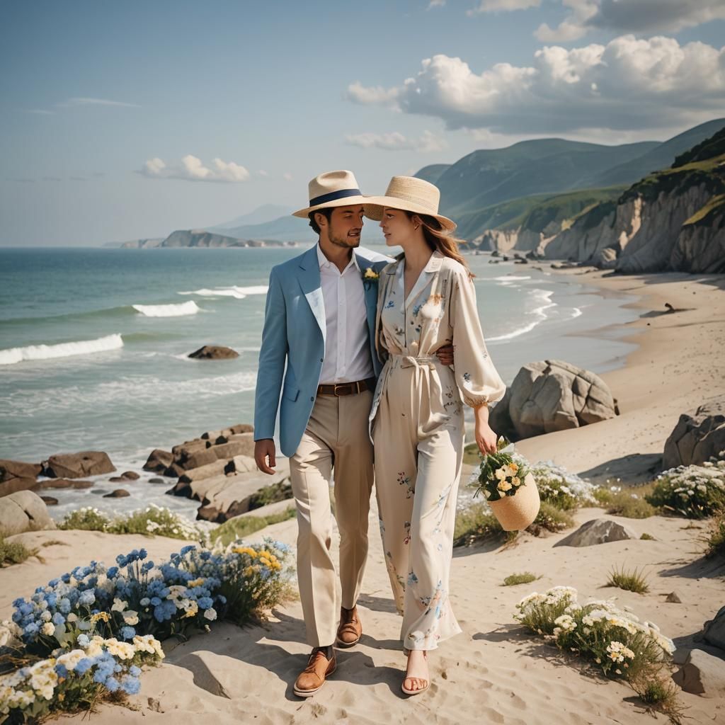 Couple Strolls on Sunny Beach with Rocks