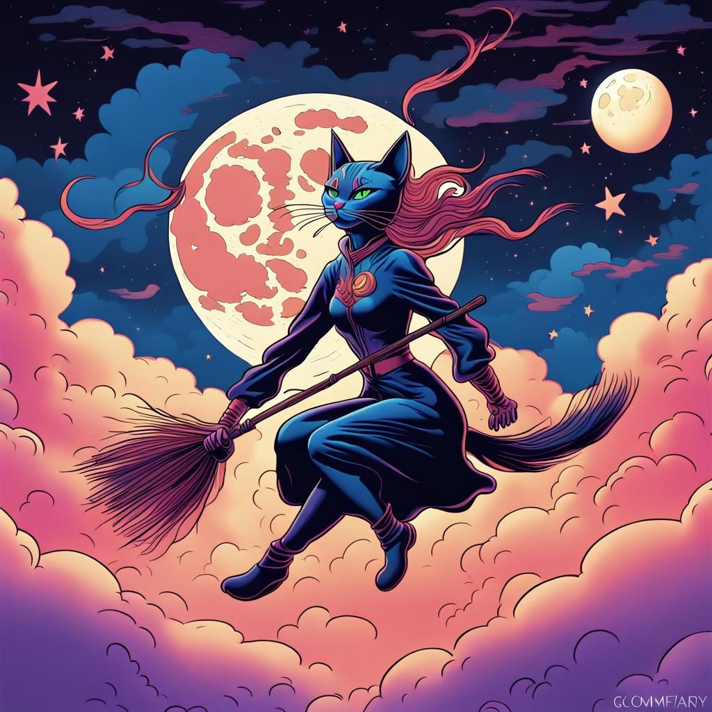Cat-Woman's Flight: A Peter Max Inspired Fantasy