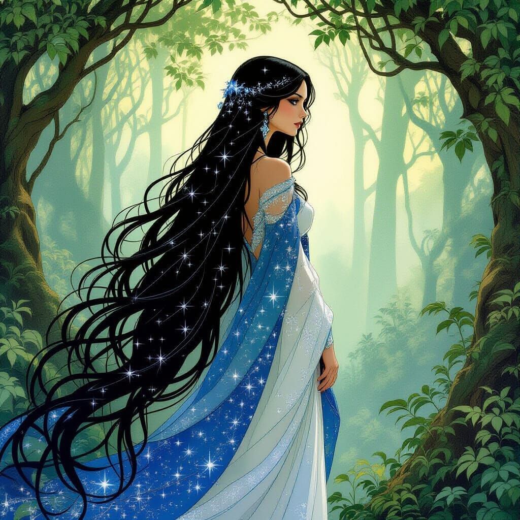 Celestial Sapphire Goddess in Art Nouveau Style