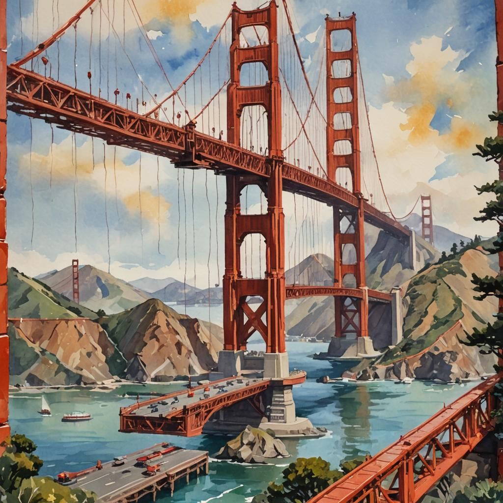 Golden Gate Bridge Made of String: Gouache Watercolor