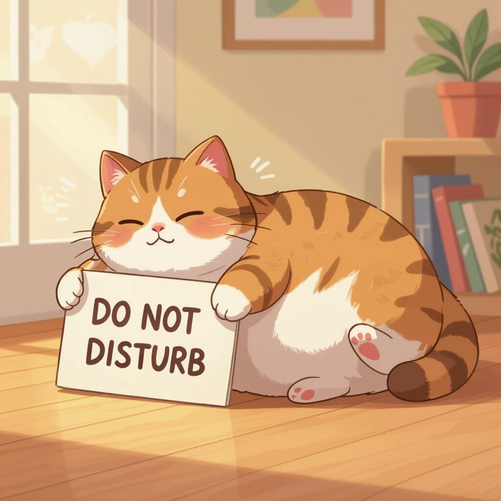 Kawaii Chubby Cat with Do Not Disturb Sign