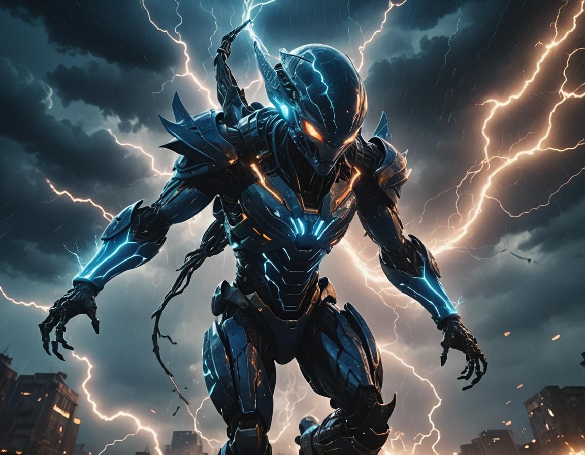 Alien Soaring in Thunder Sky: Anime-Inspired 3D Art