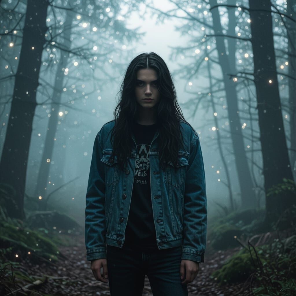 Teenager in Misty Woods with 80s Synthwave Aesthetic