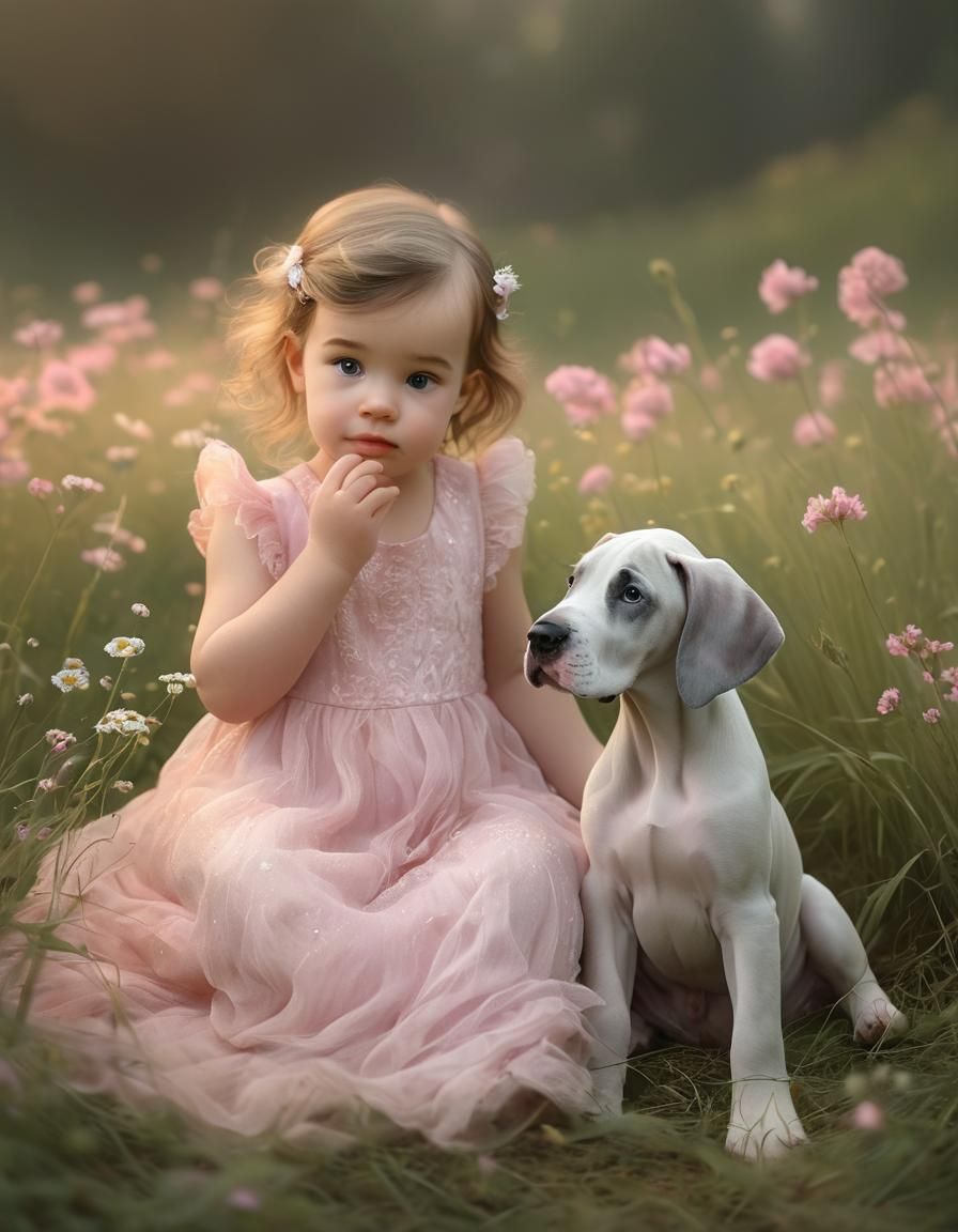 Sweet baby girl all in pink next to great dane ethereal fant...