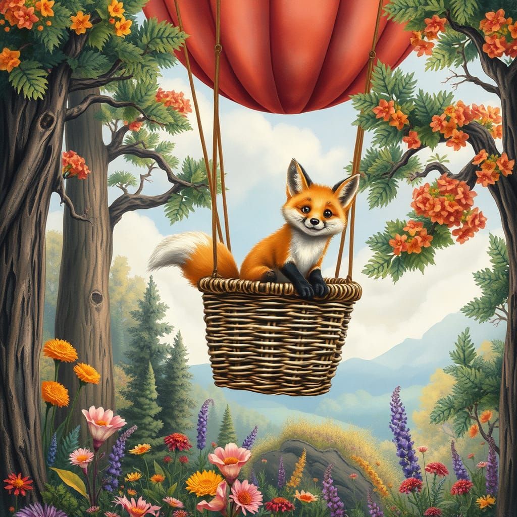 Ginger Fox Hot Air Balloon Over Woodland