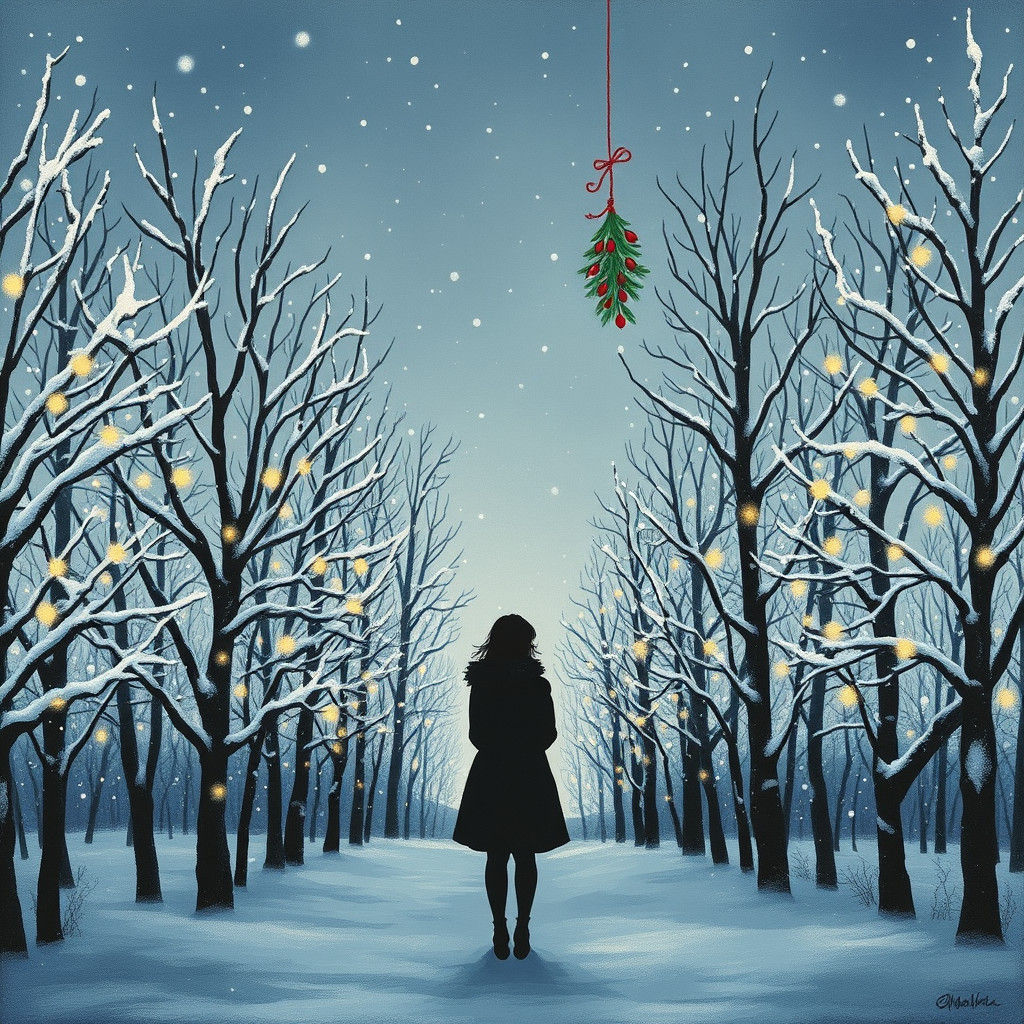 Silhouetted Woman in Snowy, Twinkling Grove
