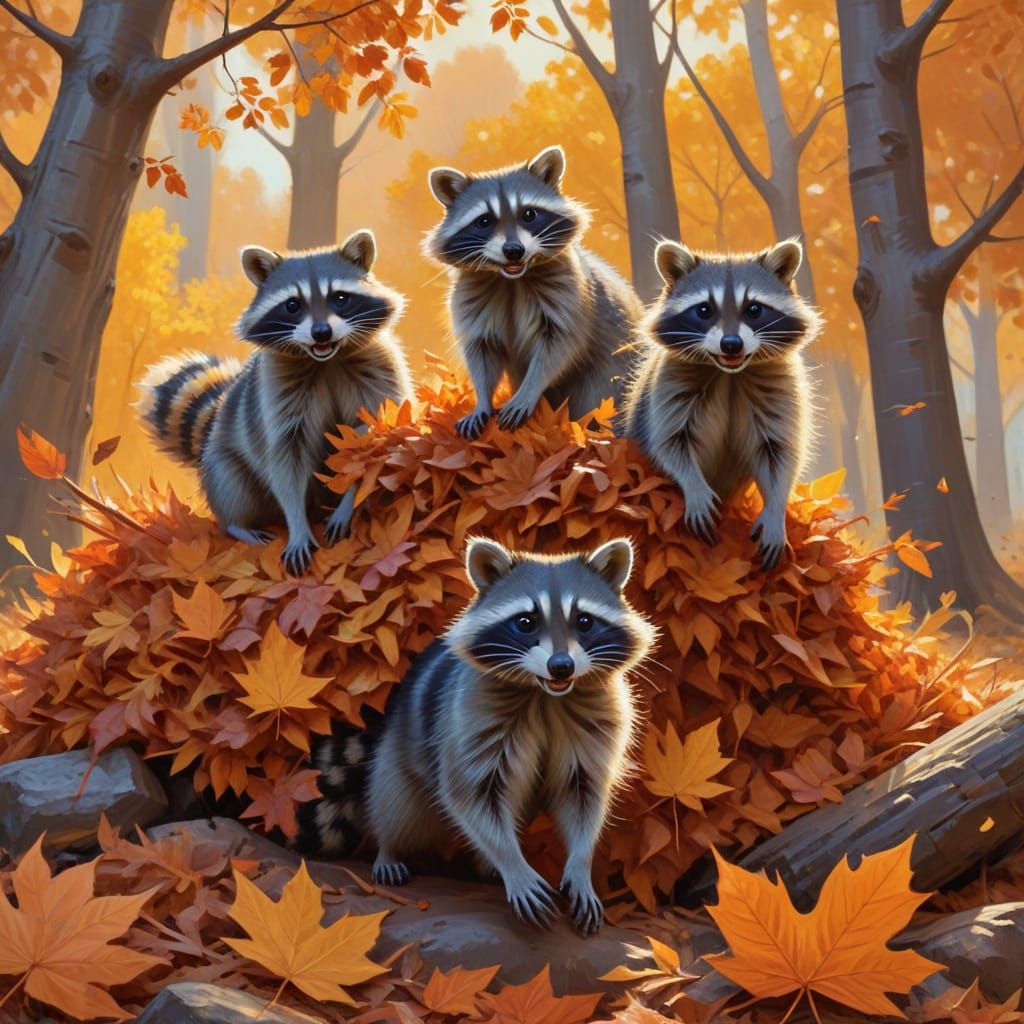 Whimsical Raccoons Leap into Autumn Leaves