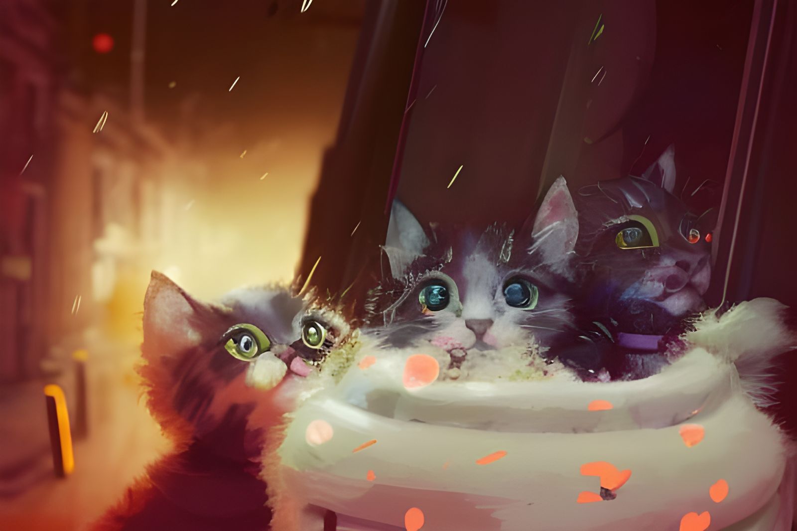 Hyperdetailed Kittens in Rainy Street Scene