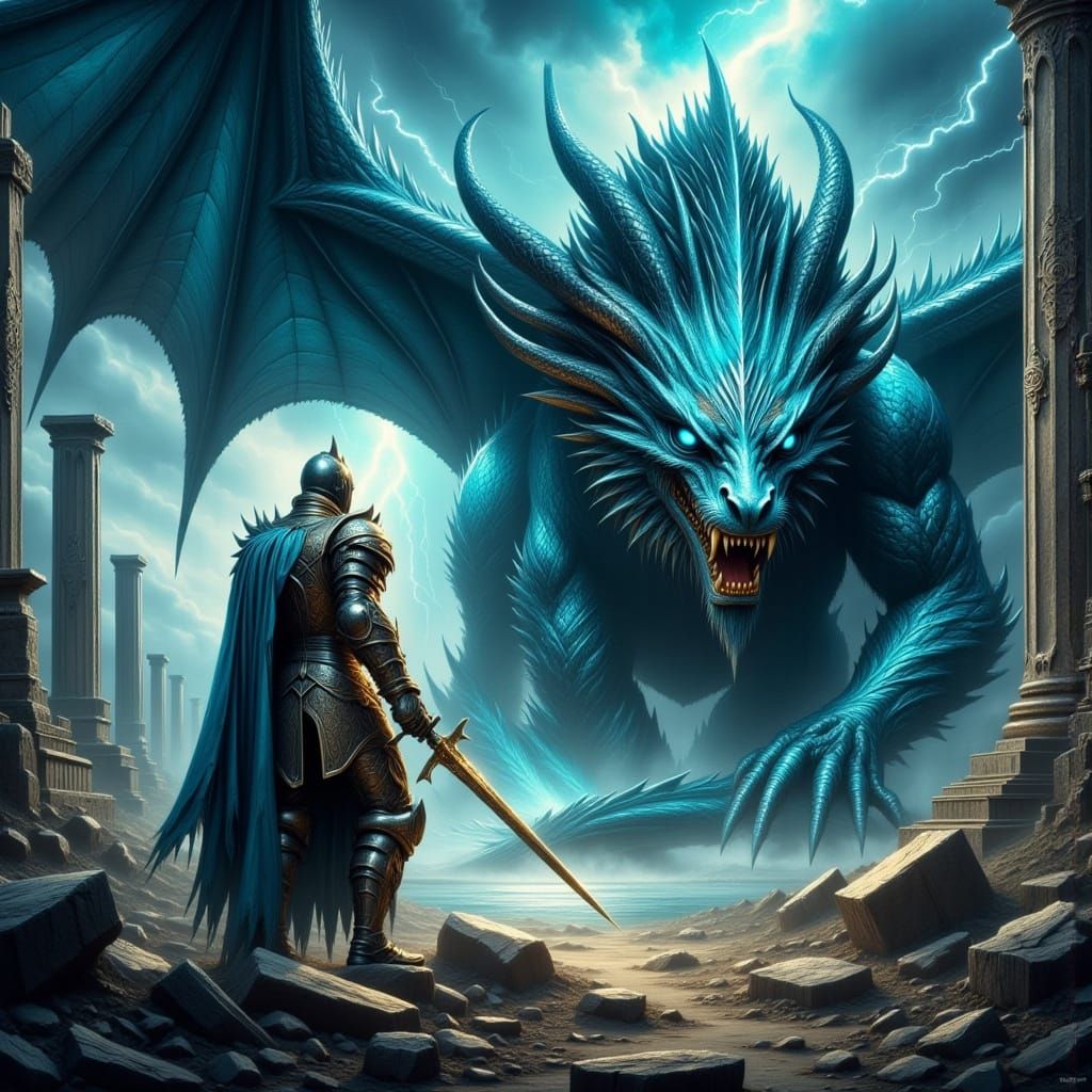 A Regal Knight Stands Firm in a Flickering Storm, Beside a M...