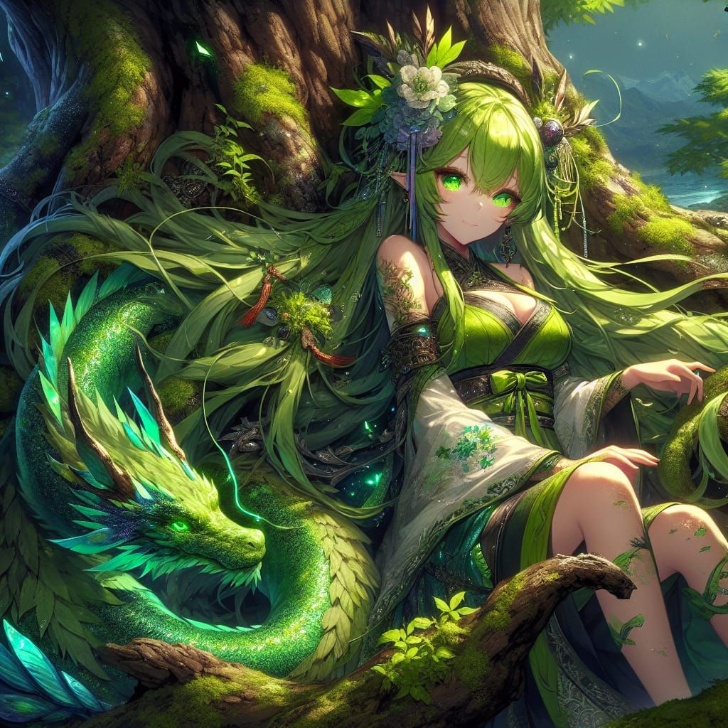 Anime Druid Girl with Emerald Dragon