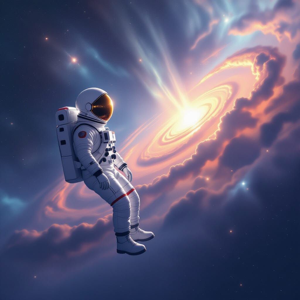 Astronaut Gazes at Swirling Nebula in Cosmic Realism Style