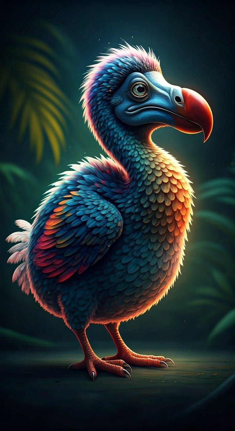 Hyperrealistic Hologram Baby Dodo in Tropical Futurism Style