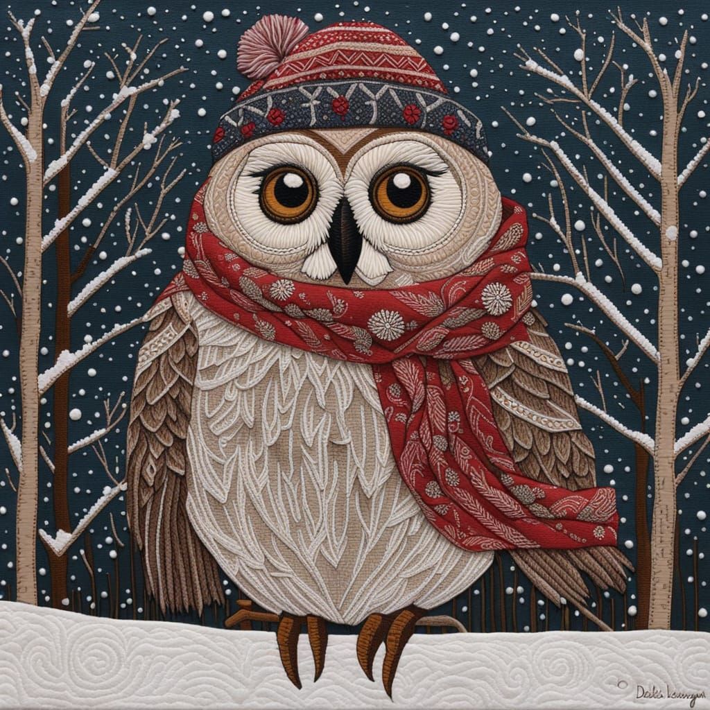 Whimsical Owl in Winter Snowscape Textile Art