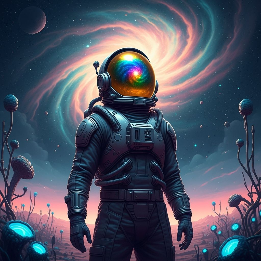 Astronaut on Alien Planet Gazing at Nebula