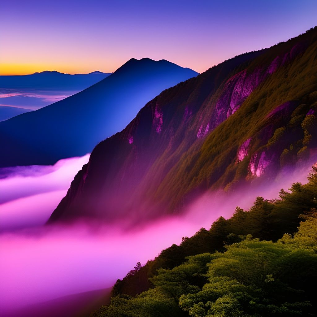 Purple Fog Sunset Over Mountain