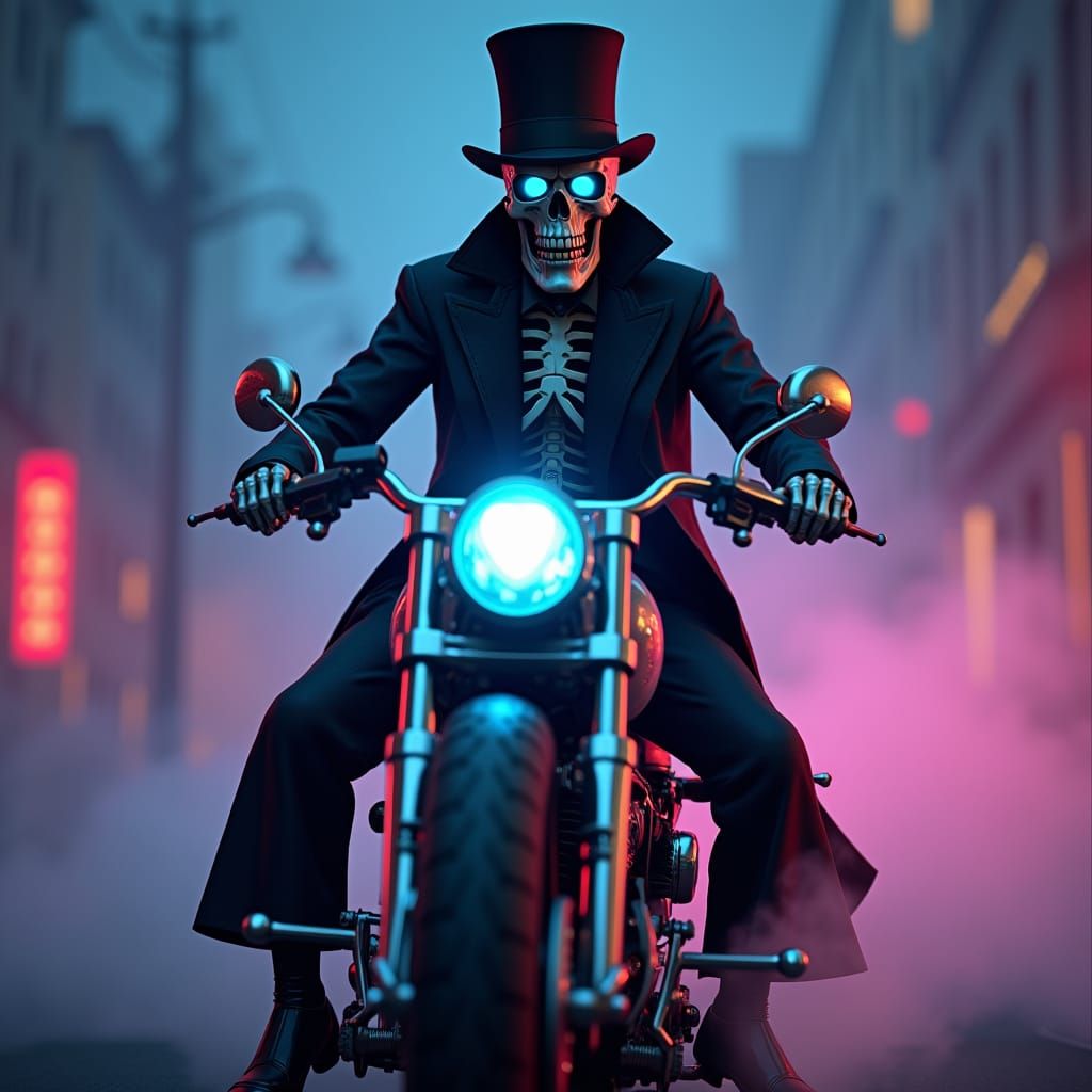 Skeleton Biker in Top Hat Rides into View