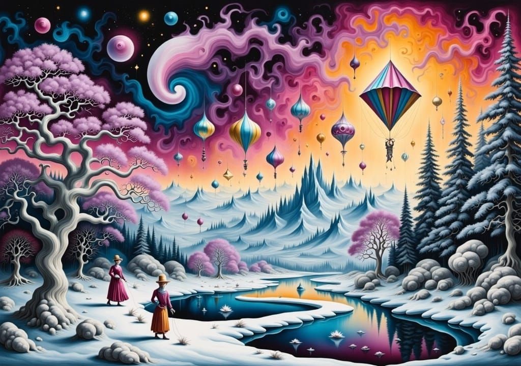 Dreamlike Winter Forest Path in Surreal Ink Wash Style