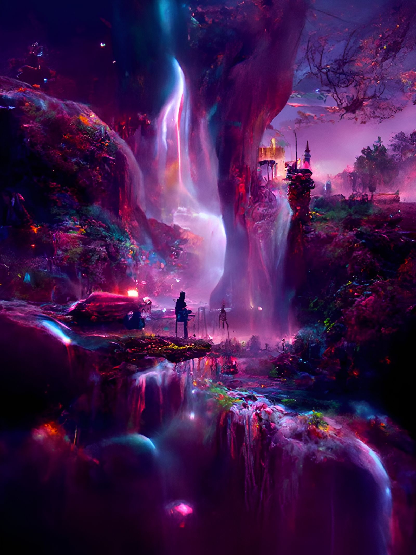 Enchanted Fantasy Landscape with Waterfall in Expressionist ...