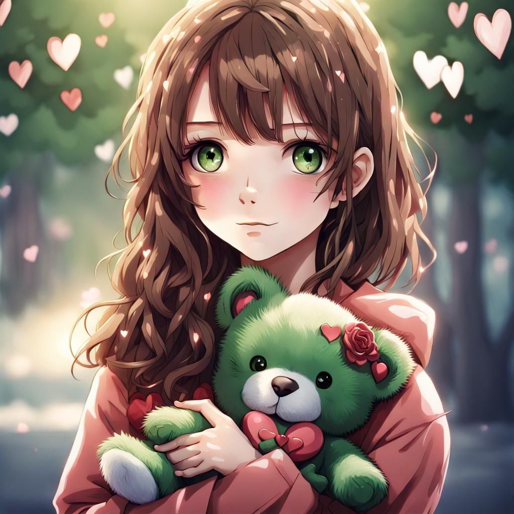 Anime Girl with Teddy Bear for Valentine's Day