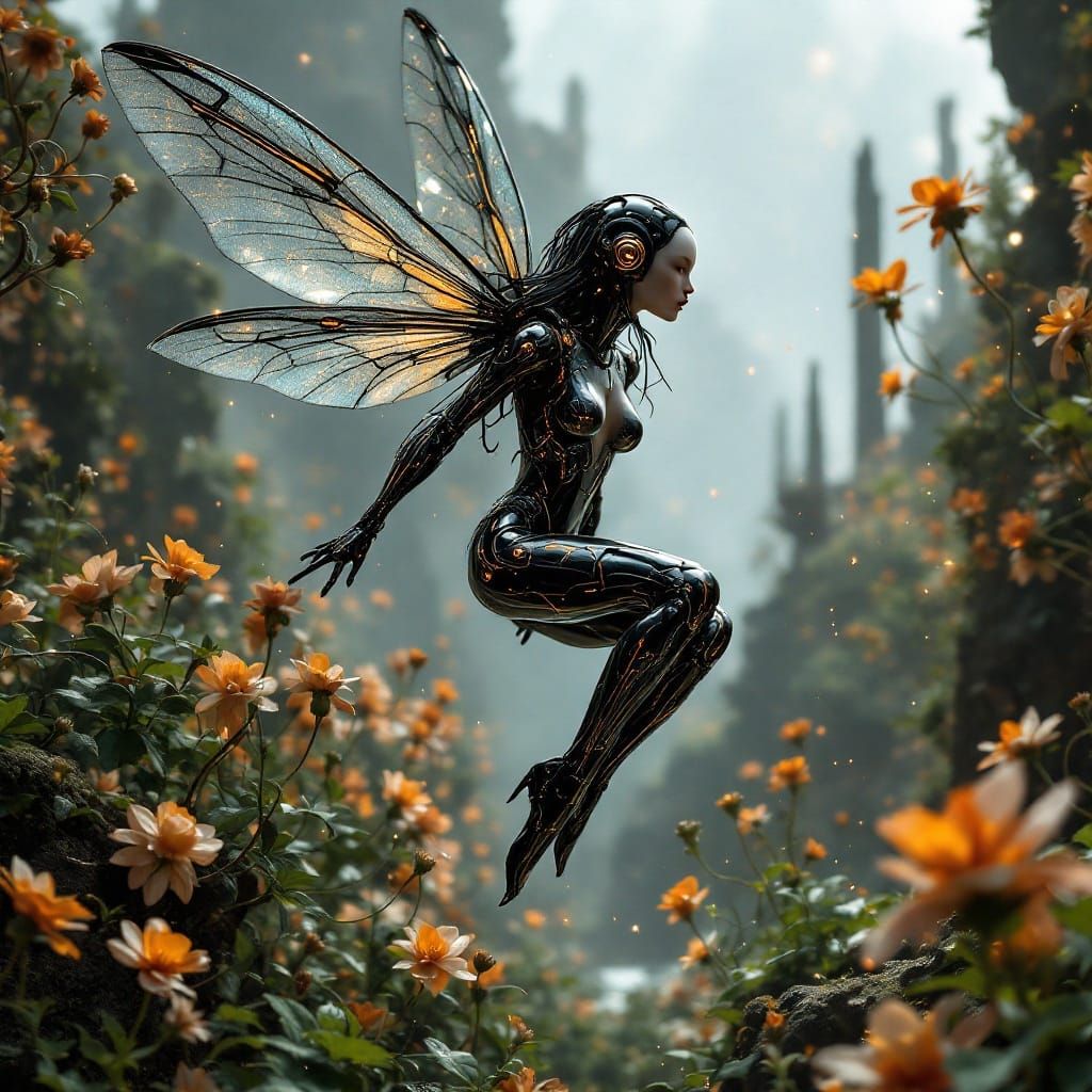 Cybernetic Fairy Soars in a Futuristic Garden