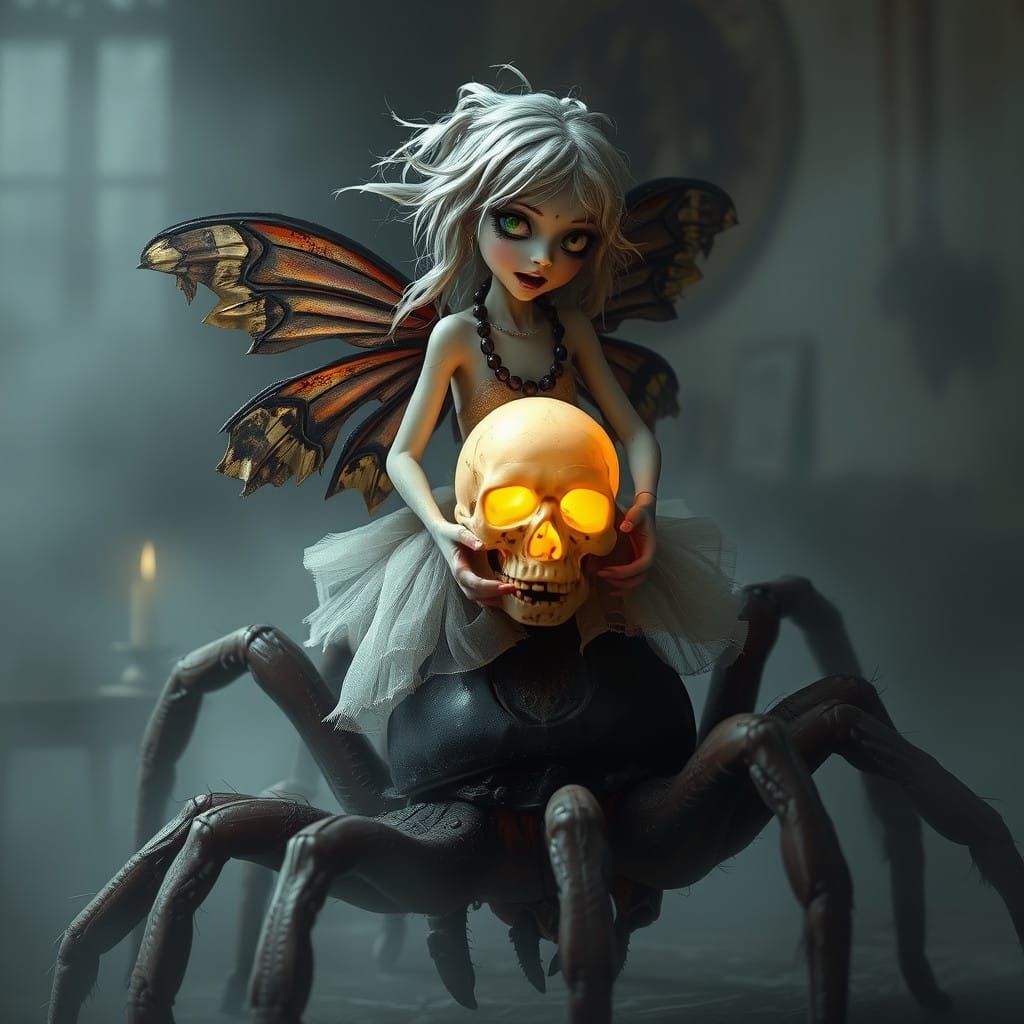 Miniature Zombie Fairy Sits Serene on Oversized Tarantula